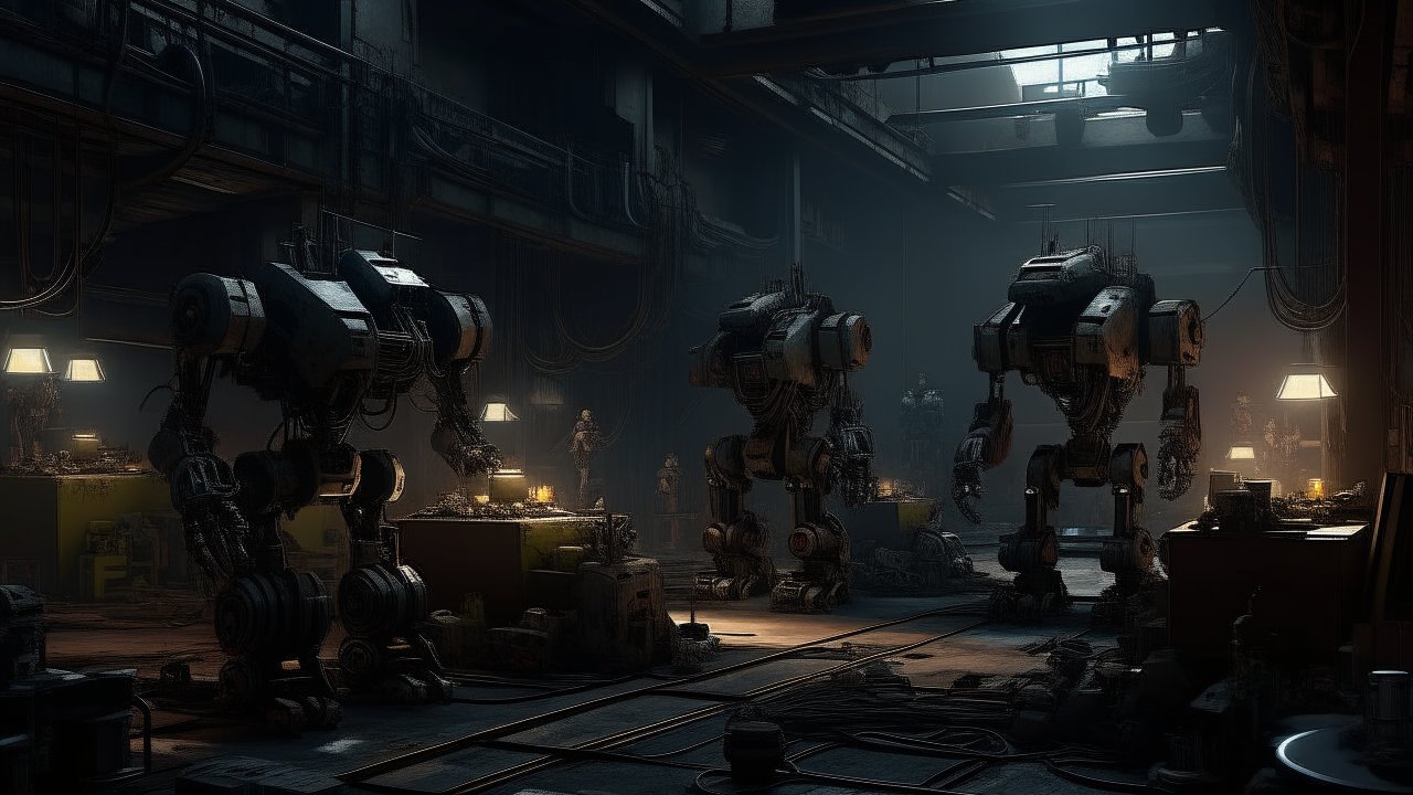 Dark Cyberpunk Factory with Giant Robots