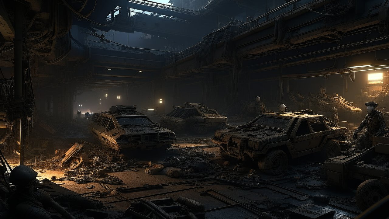 Dark Cyberpunk Junkyard with Abandoned Vehicles