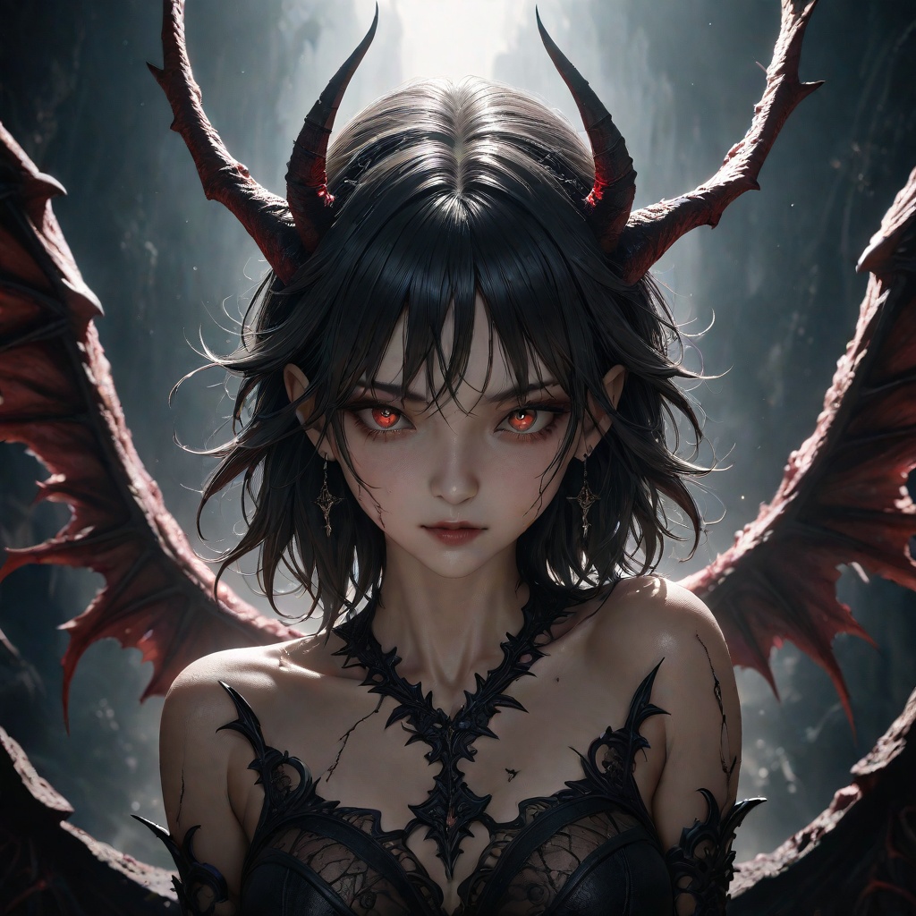 Dark Demon Girl with Red Eyes and Horns