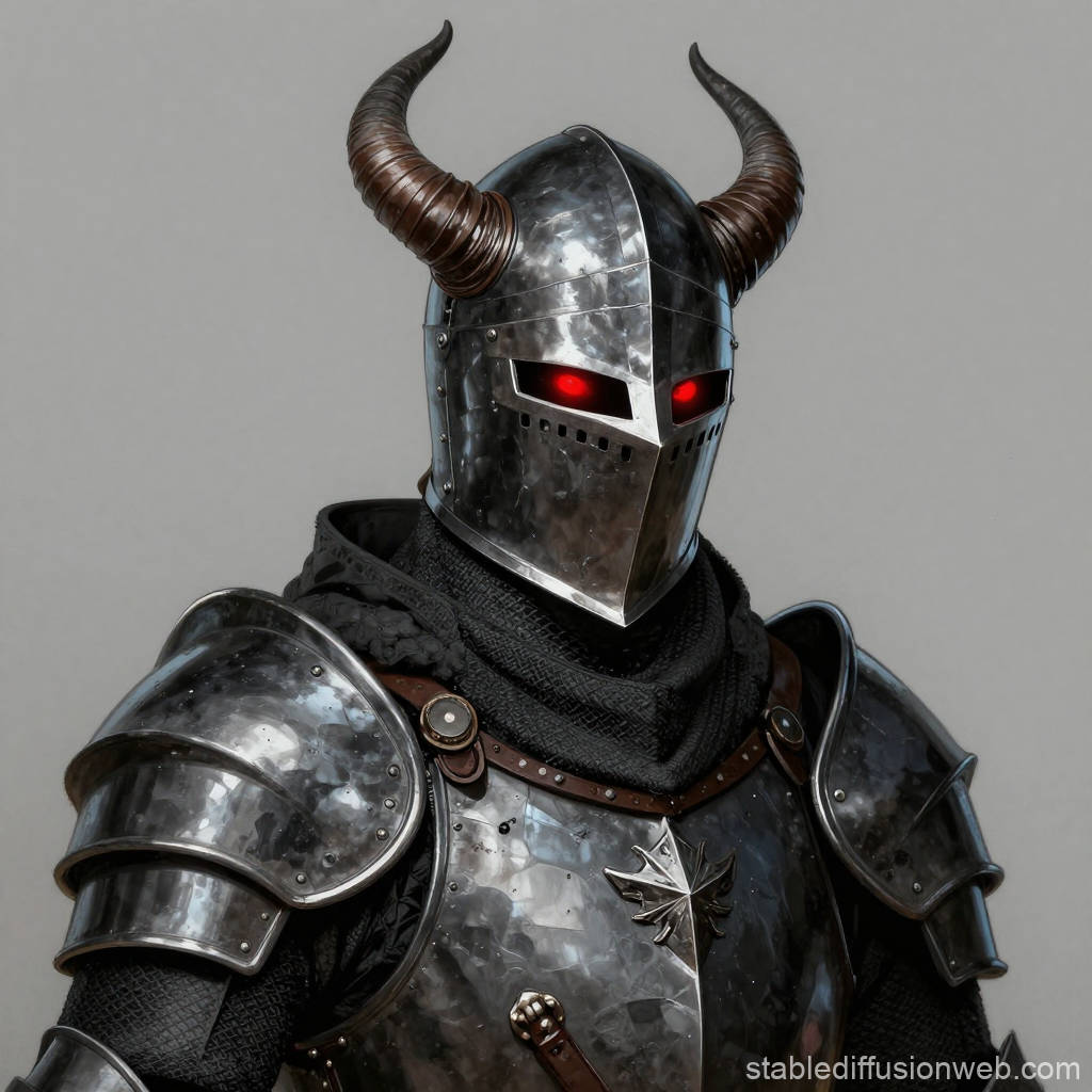 Dark Demon Knight with Glowing Red Eyes in Horned Helmet