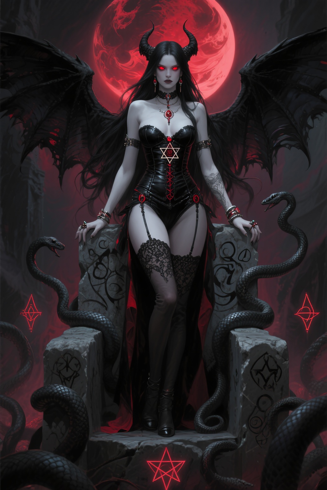 Dark Demon Queen with Red Moon and Serpents