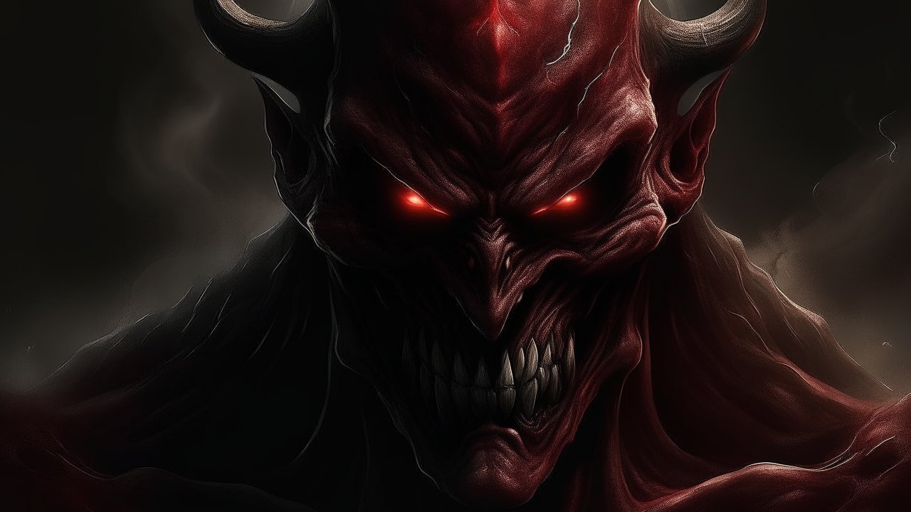 Dark Demon with Glowing Red Eyes and Horns