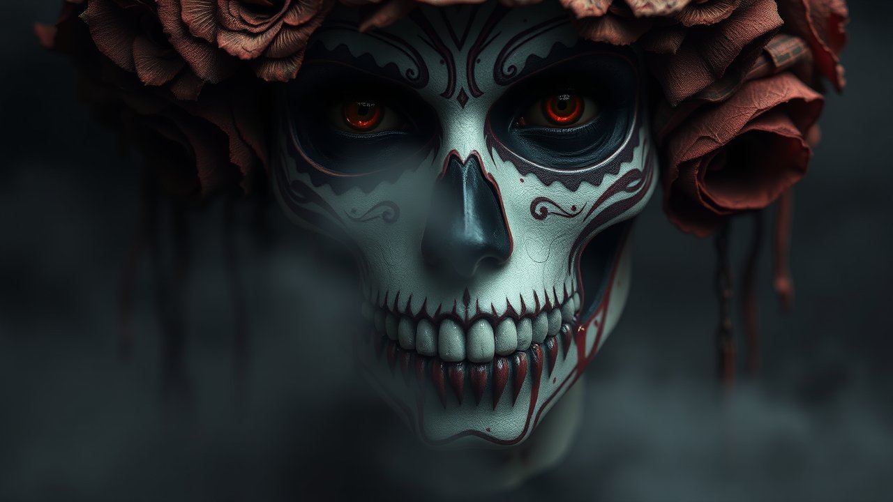 Dark Dia de los Muertos Skull with Red Roses