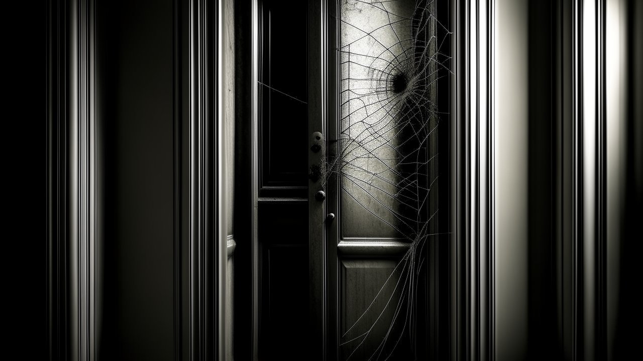 Dark Door with Cracked Glass and Spider Web