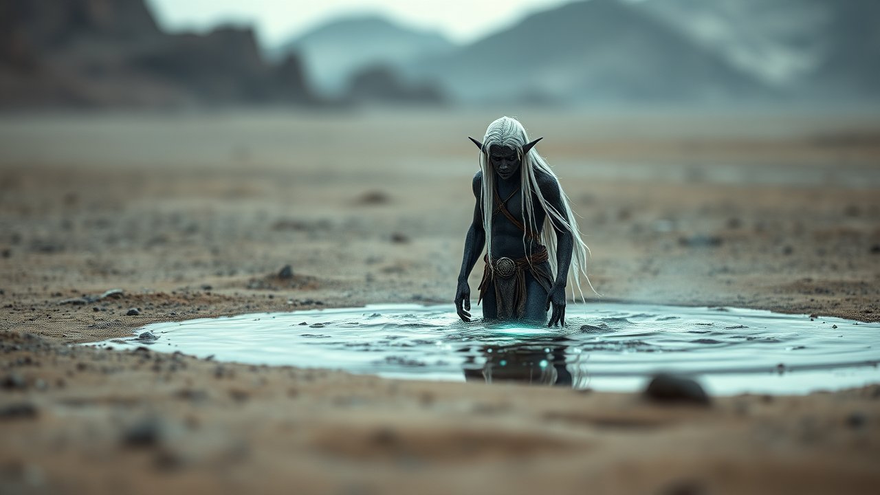 Dark Elf Emerging from a Mystical Pool in a Desert