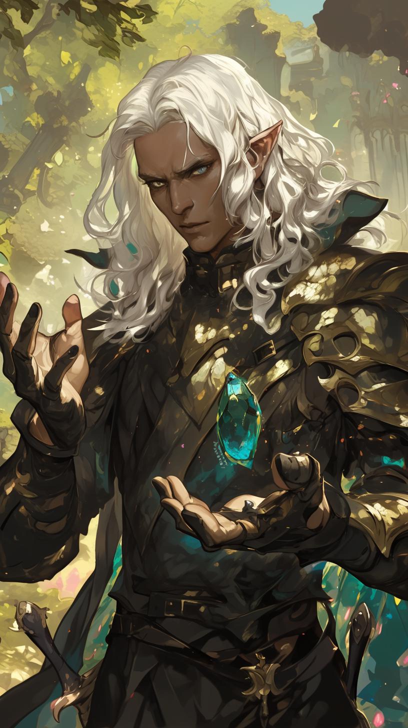 Dark Elf Mage with Floating Crystal in Enchanted Forest