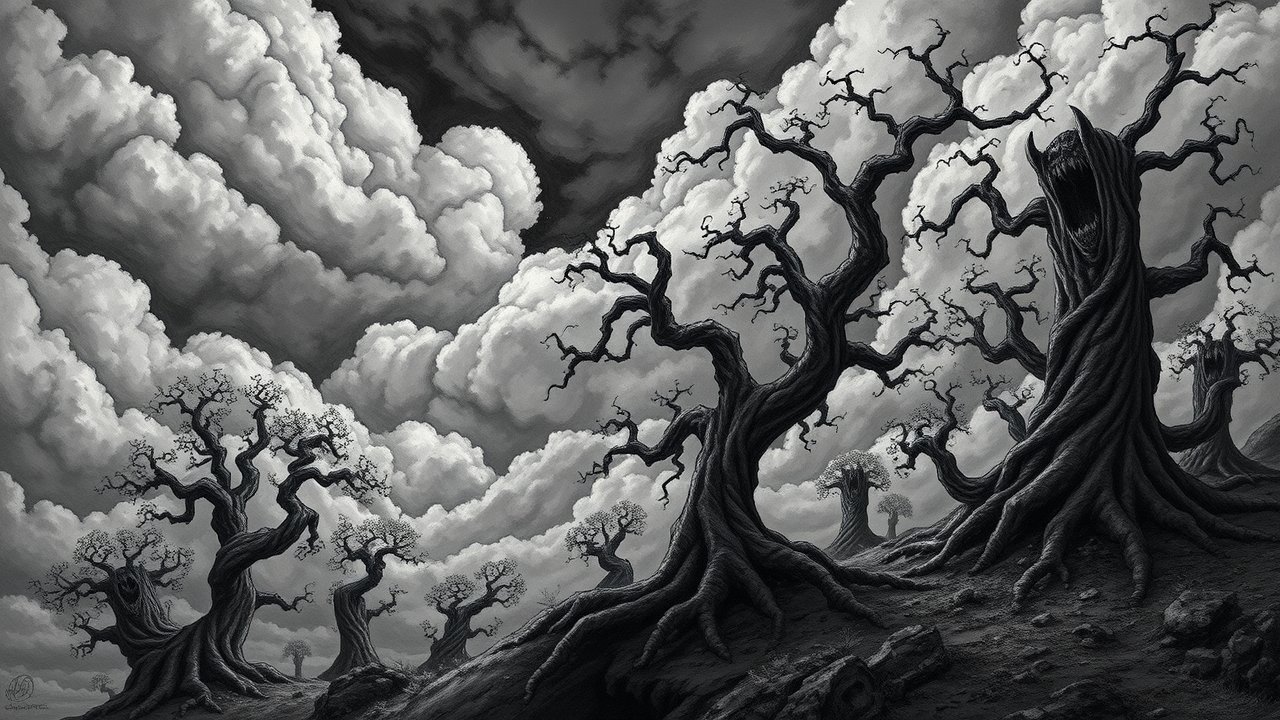 Dark Enchanted Forest with Twisted Trees Under Stormy Skies