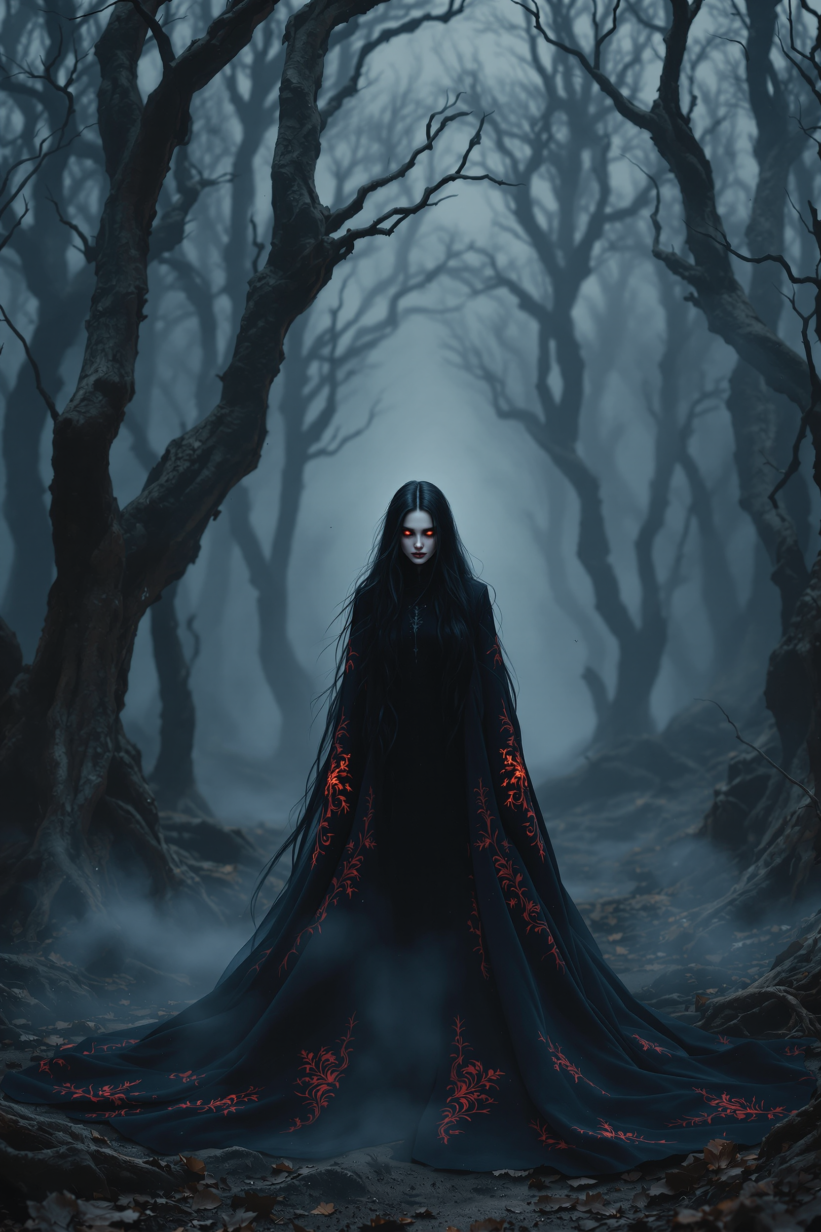 Dark Enchantress in a Misty Haunted Forest