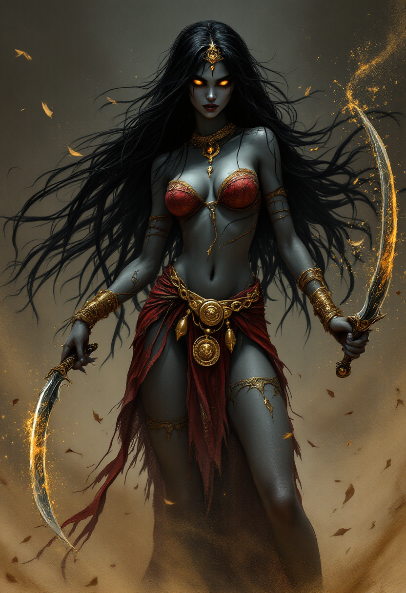 Dark Enchantress with Glowing Eyes and Twin Blades