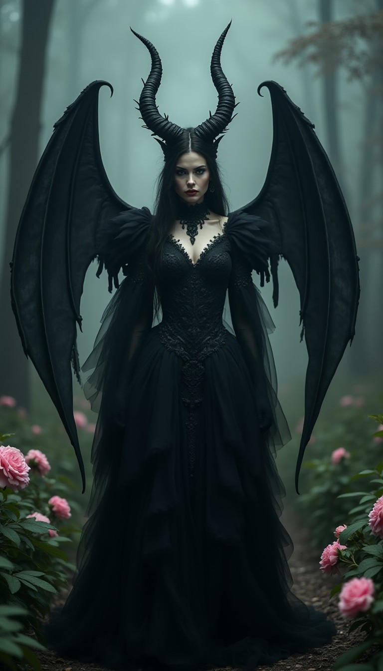 Dark Enchantress with Horns and Wings in Mystical Forest