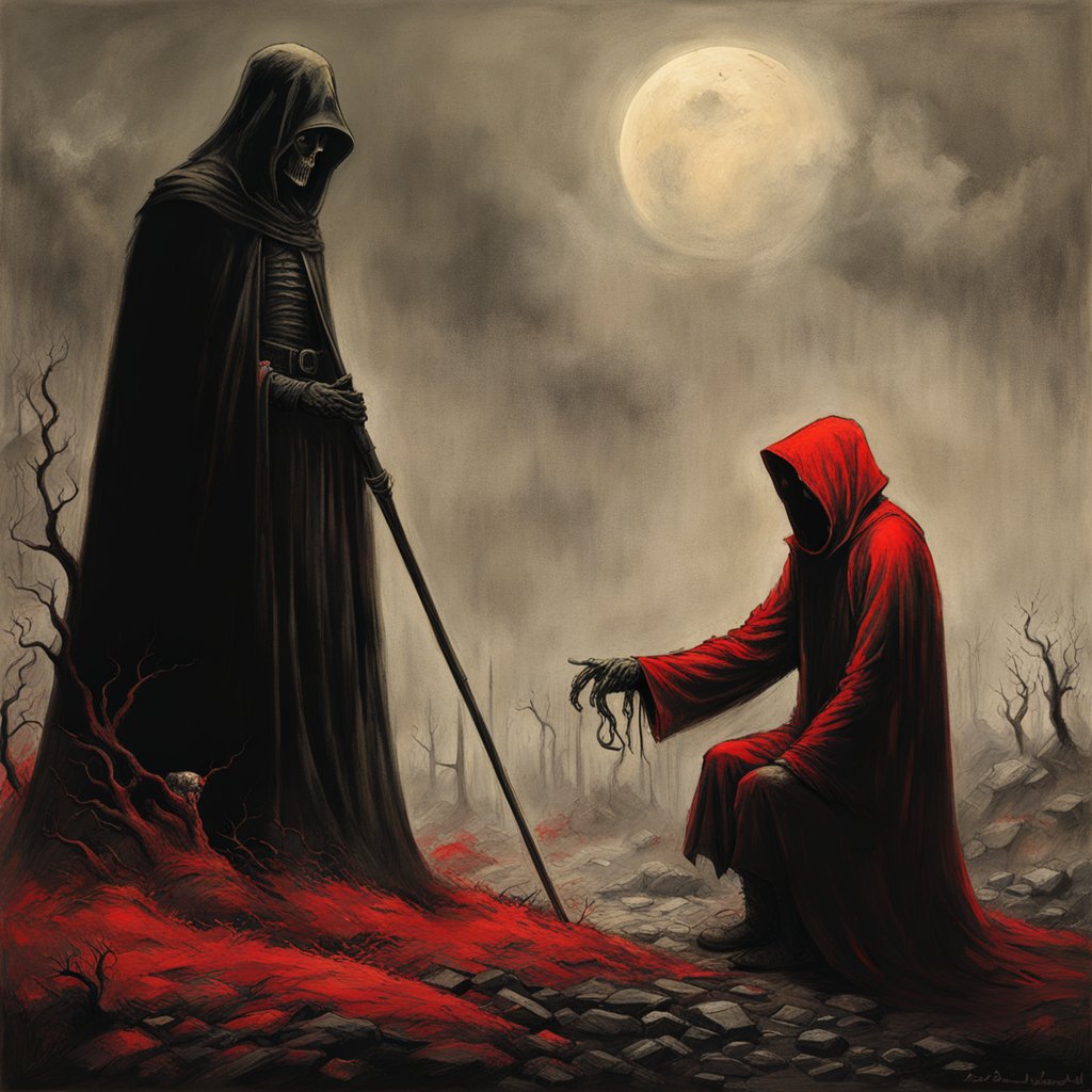 Dark Encounter Between Hooded Figures Under Full Moon