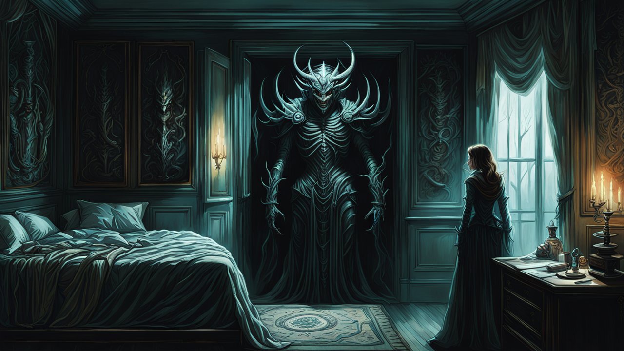 Dark Encounter with a Horned Demon in Gothic Bedroom