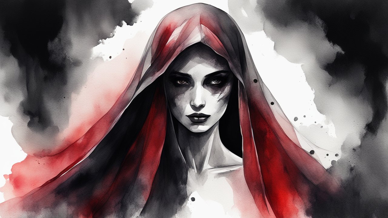 Dark Enigmatic Woman in Red and Black Veil