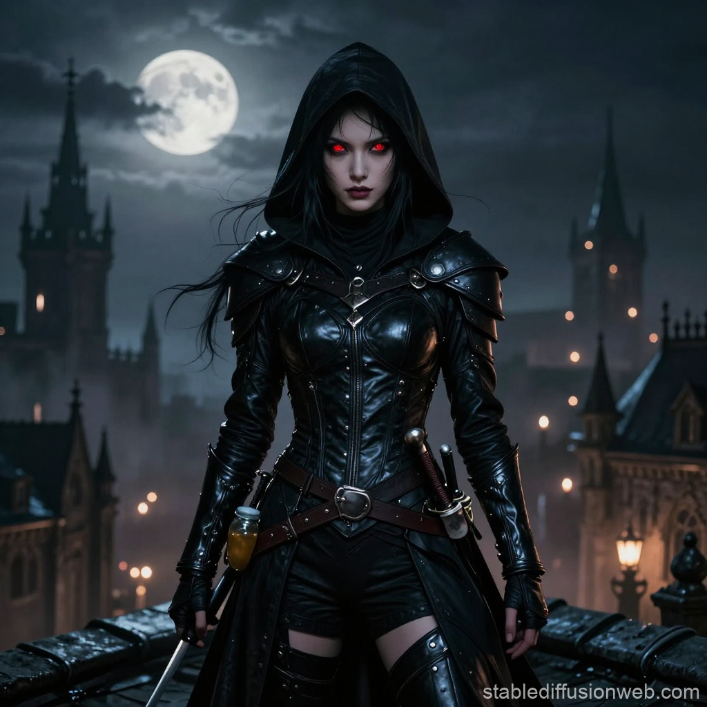 Dark Fantasy Assassin with Red Eyes Under Full Moon