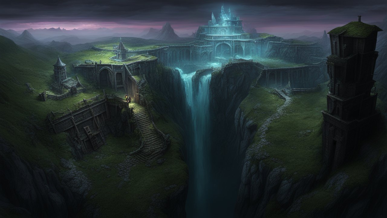 Dark Fantasy Fortress Over a Deep Chasm with Waterfall
