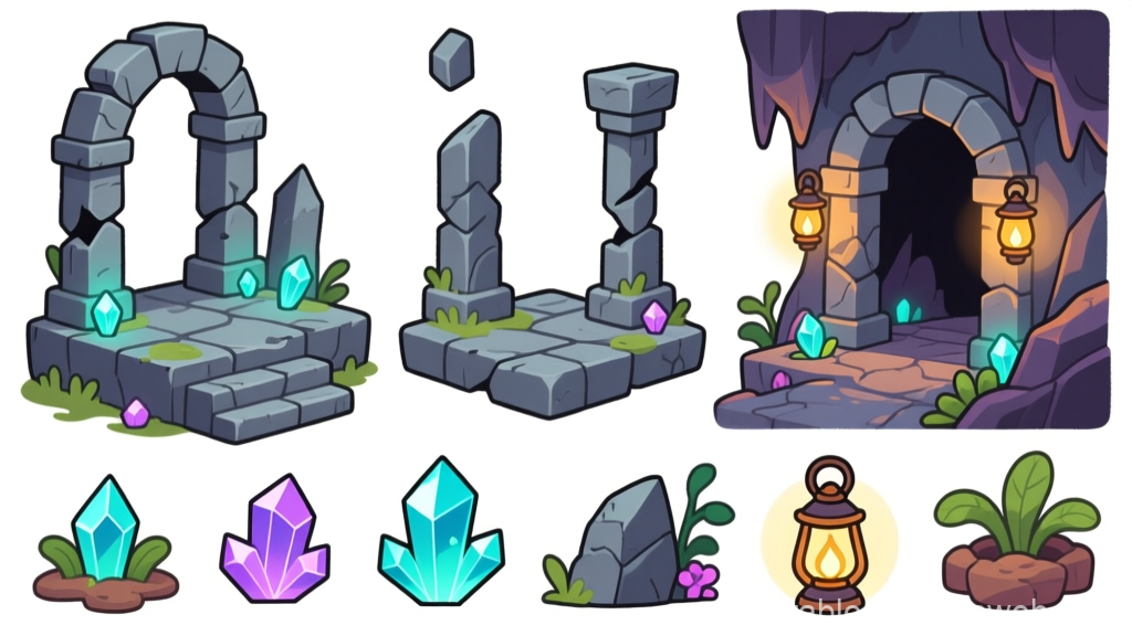 Dark Fantasy Game Environment Elements with Crystals and Lanterns