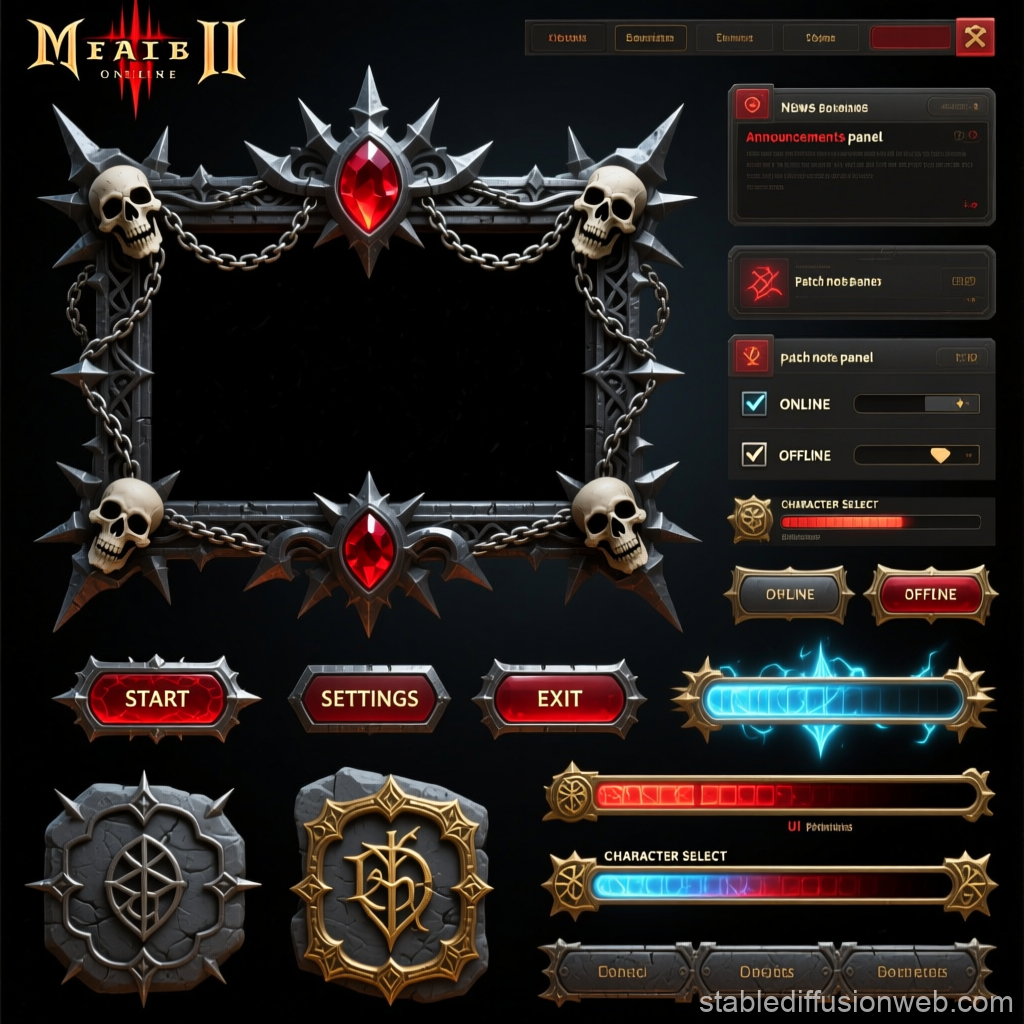 Dark Fantasy MMORPG UI with Skull and Gemstone Frame