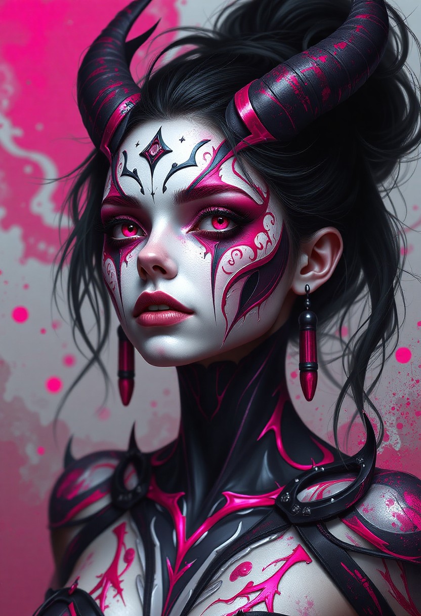 Dark Fantasy Portrait of a Horned Woman with Neon Pink Accents