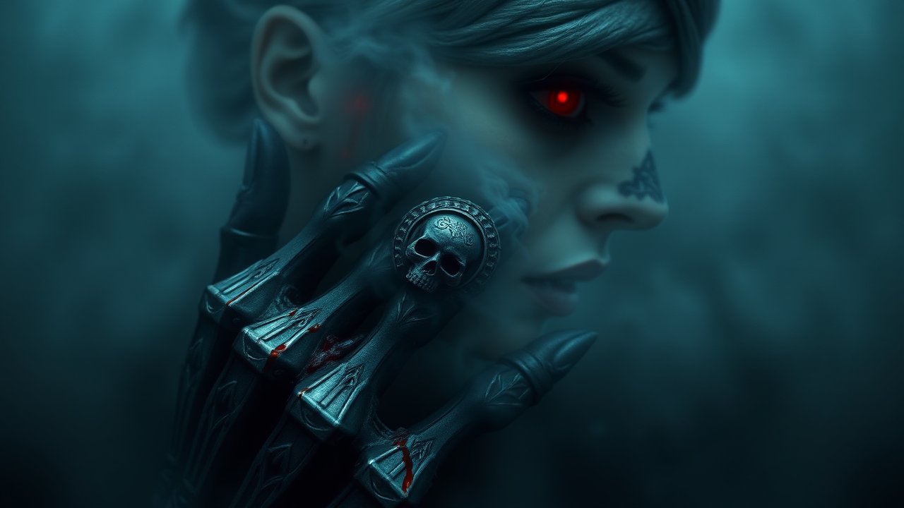 Dark Fantasy Portrait with Red-Eyed Woman and Skull Ring