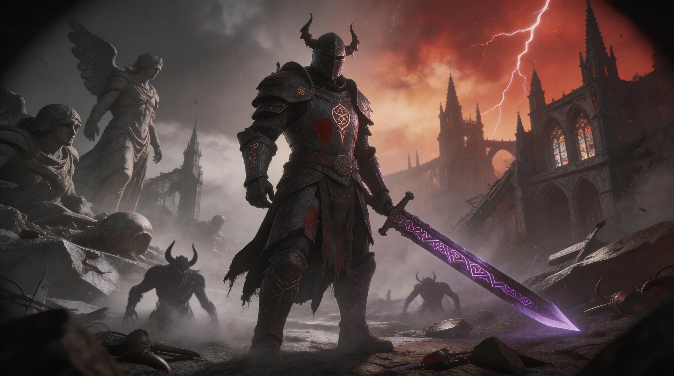 Dark Fantasy Warrior with Enchanted Sword in Ruined Gothic Landscape