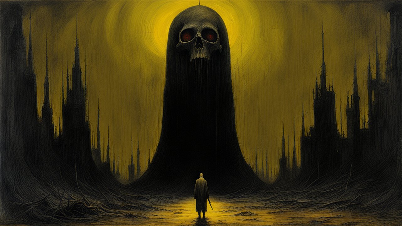 Dark Figure Facing a Giant Skull in a Dystopian Landscape
