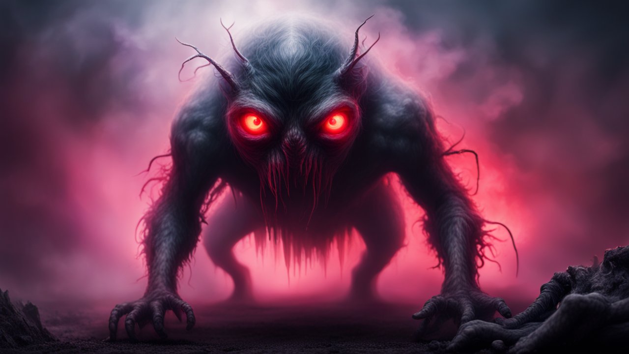 Dark Fog Creature with Glowing Red Eyes