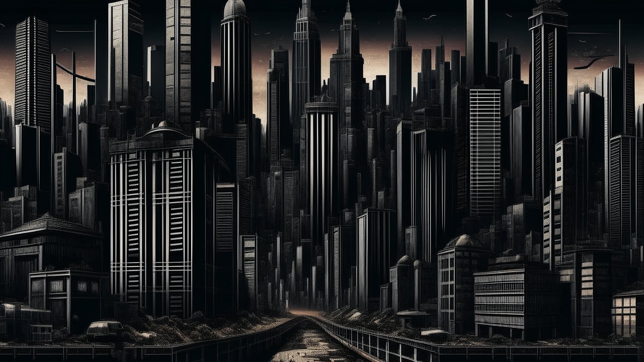 Dark Futuristic Cityscape at Dusk