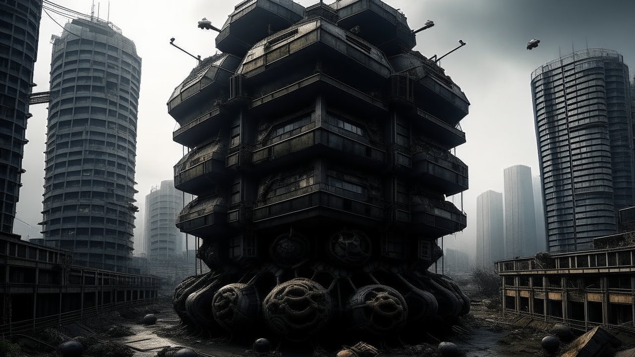 Dark Futuristic Hive-Like Building in Abandoned Cityscape