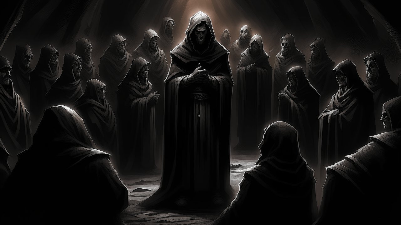 Dark Gathering of Hooded Figures in Shadowy Chamber