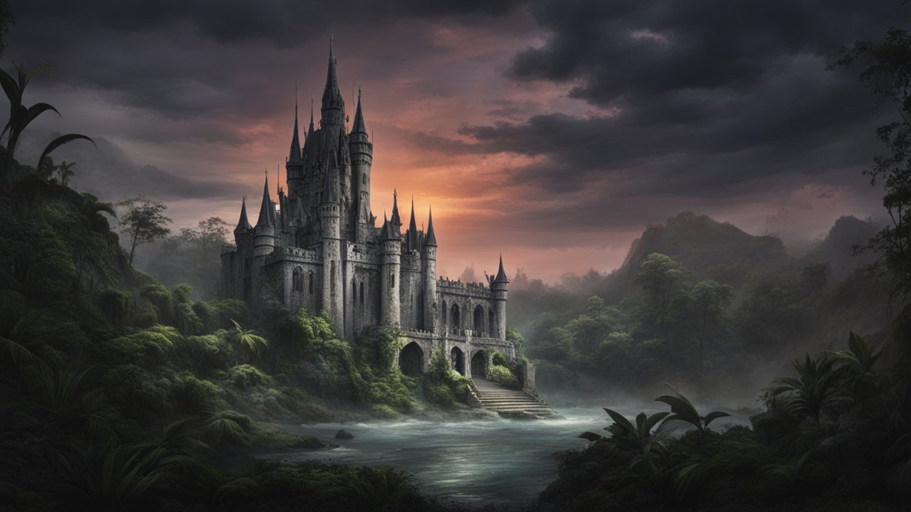 Dark Gothic Castle at Twilight in Misty Forest