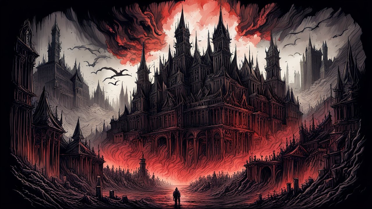 Dark Gothic City Engulfed in Fiery Chaos