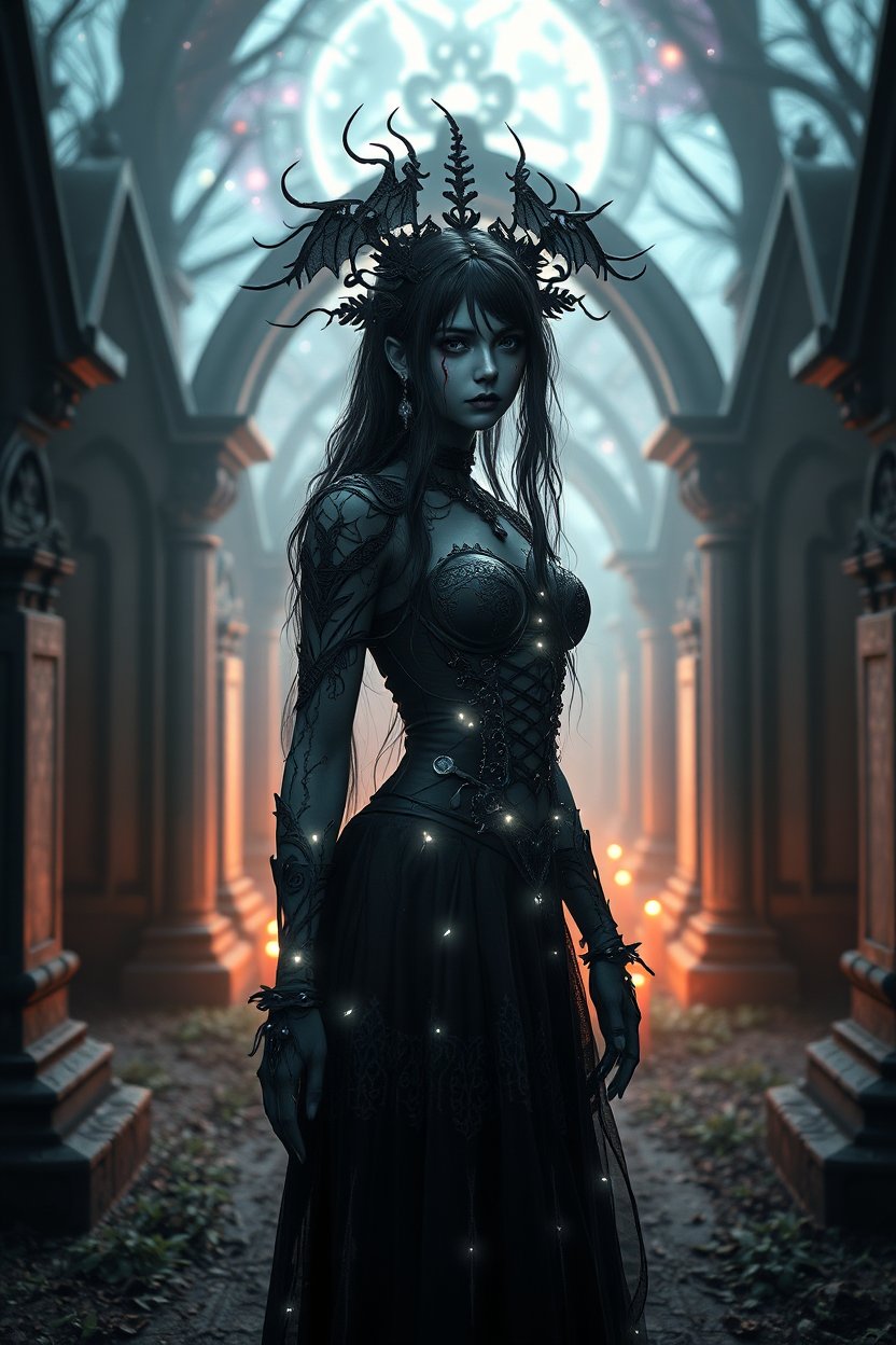 Dark Gothic Sorceress in Enchanted Cathedral