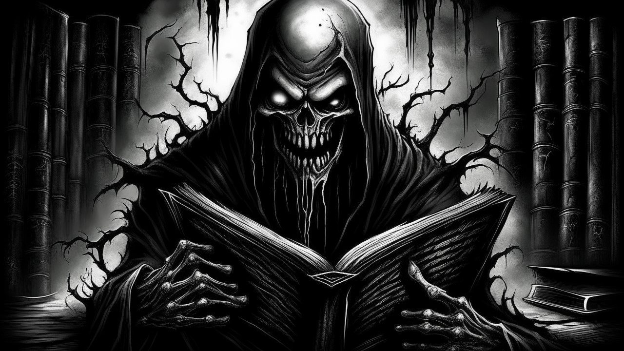 Dark Grim Reaper Reading an Ancient Book
