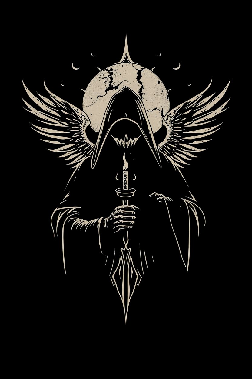 Dark Hooded Angel with Candle and Wings