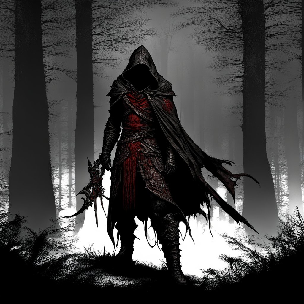 Dark Hooded Blood Hunter Assassin in Misty Forest