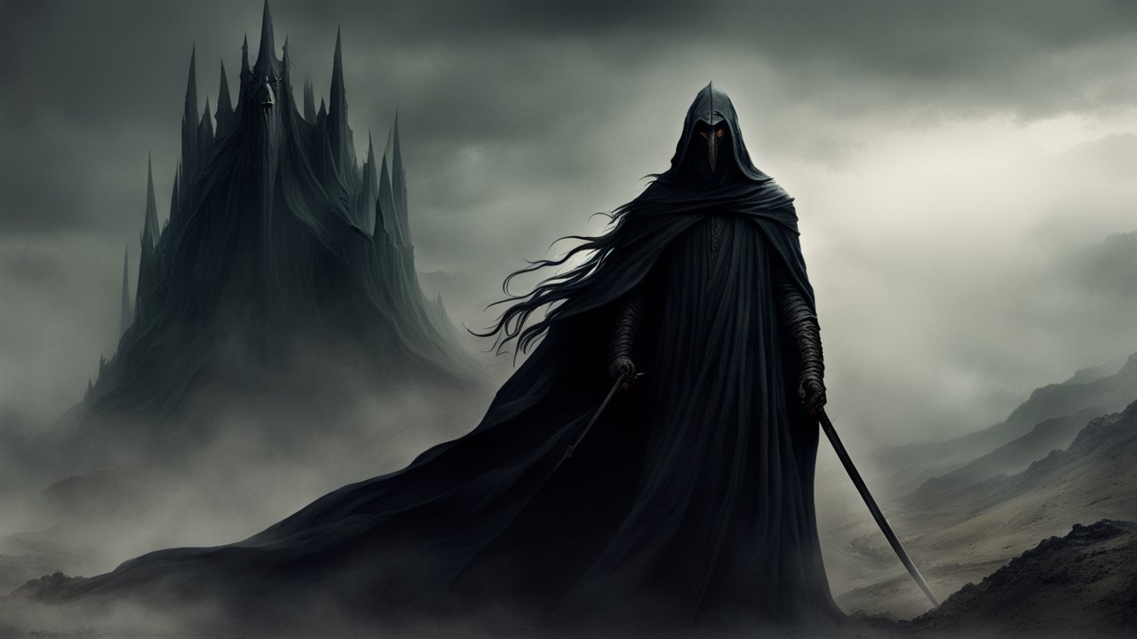 Dark Hooded Figure with Sword in Misty Landscape