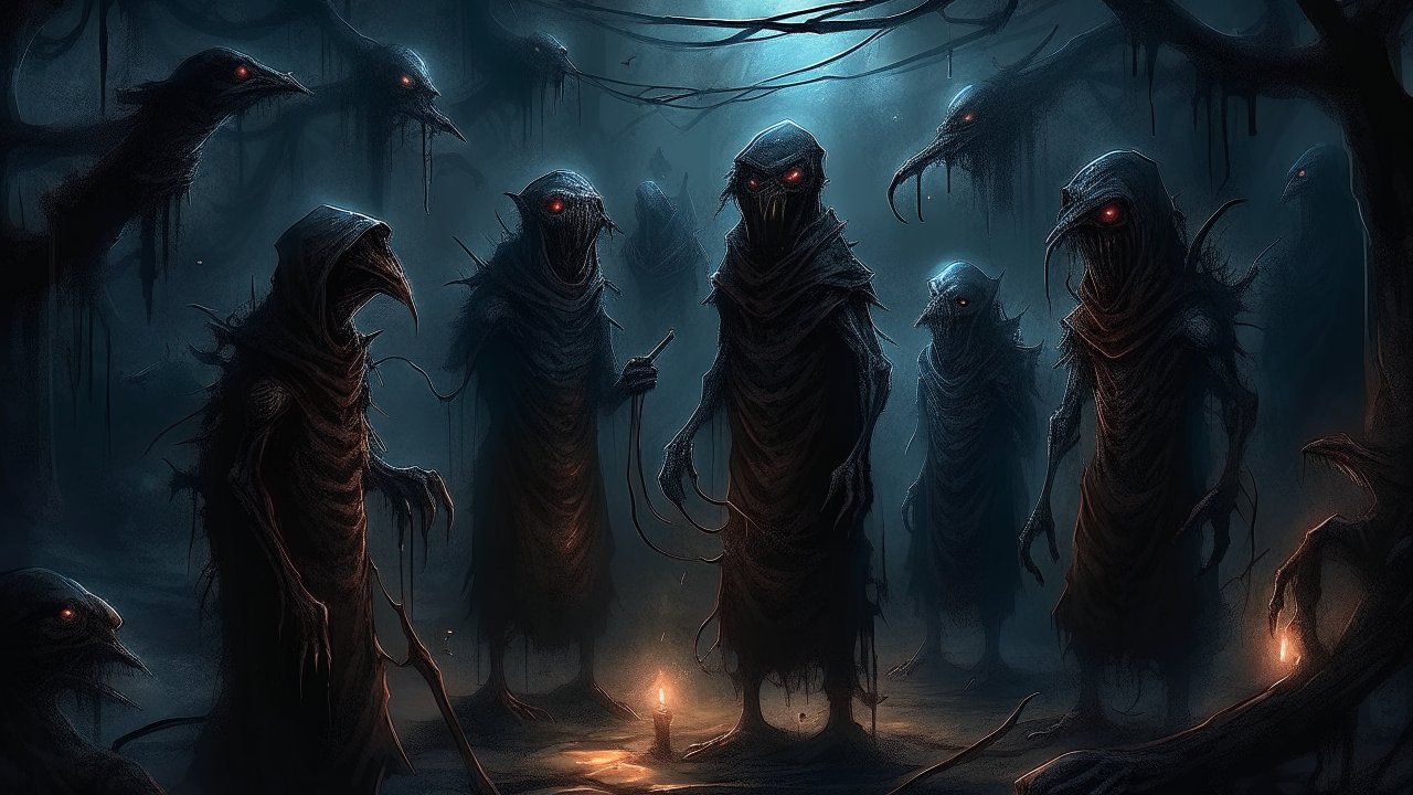 Dark Hooded Figures with Glowing Red Eyes in a Shadowy Forest