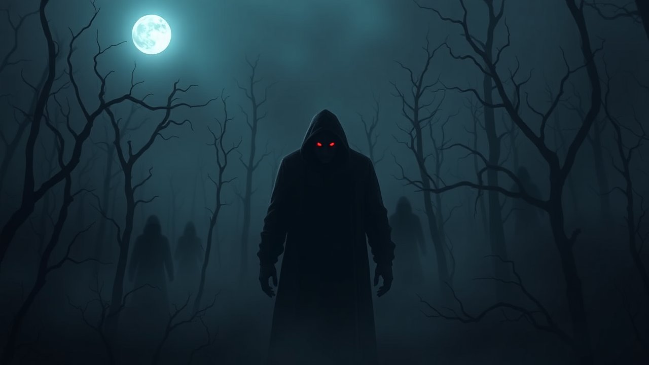 Dark Hooded Figures with Red Eyes in a Foggy Forest at Night