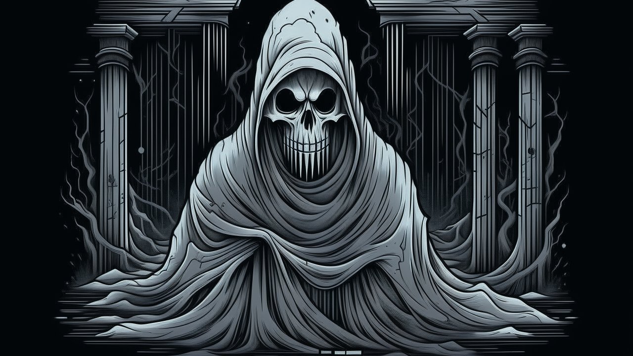 Dark Hooded Skeleton in Ancient Ruins