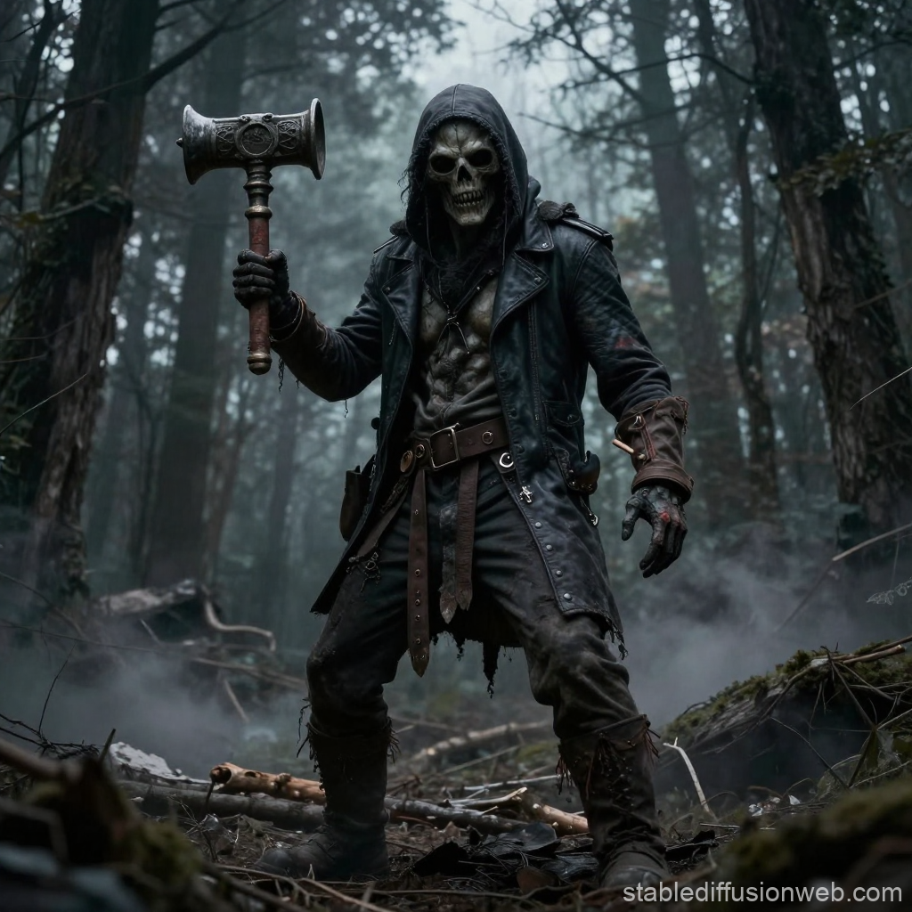 Dark Hooded Skeleton Warrior in Foggy Forest