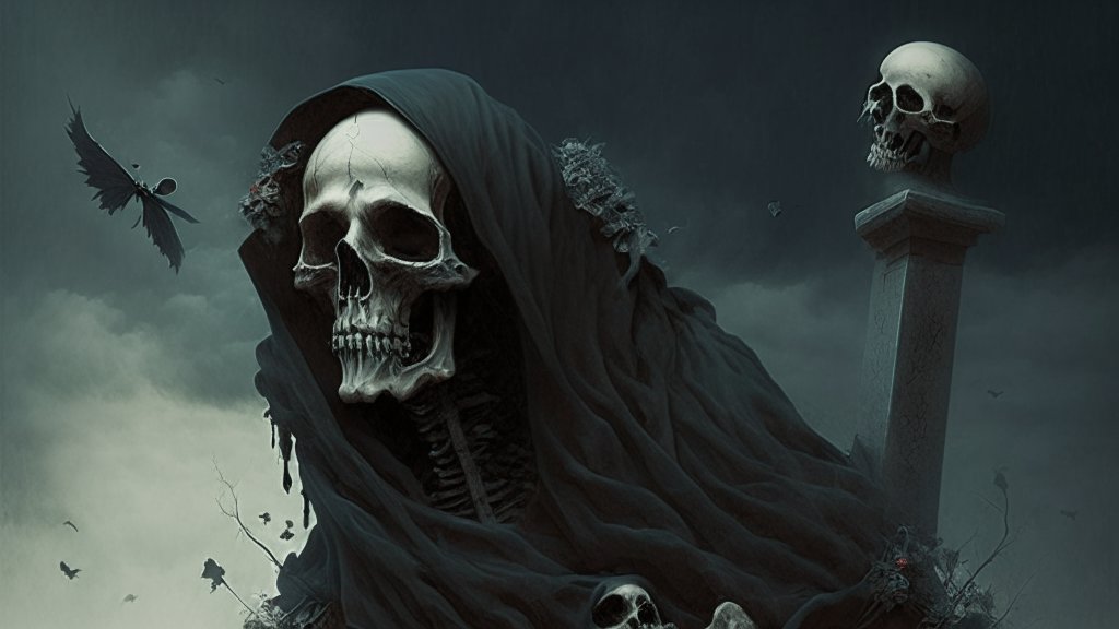 Dark Hooded Skeleton with Skull on Pedestal in Gloomy Atmosphere
