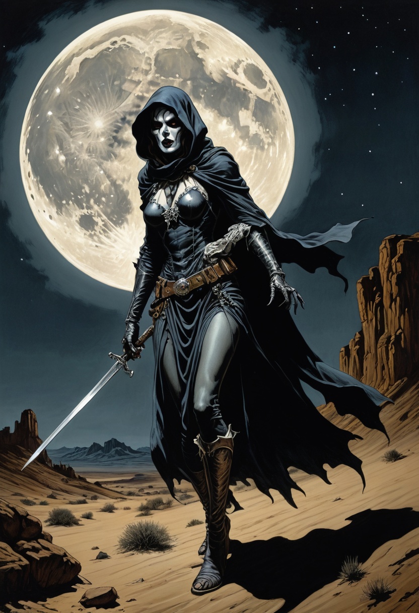 Dark Hooded Warrior Under a Full Moon
