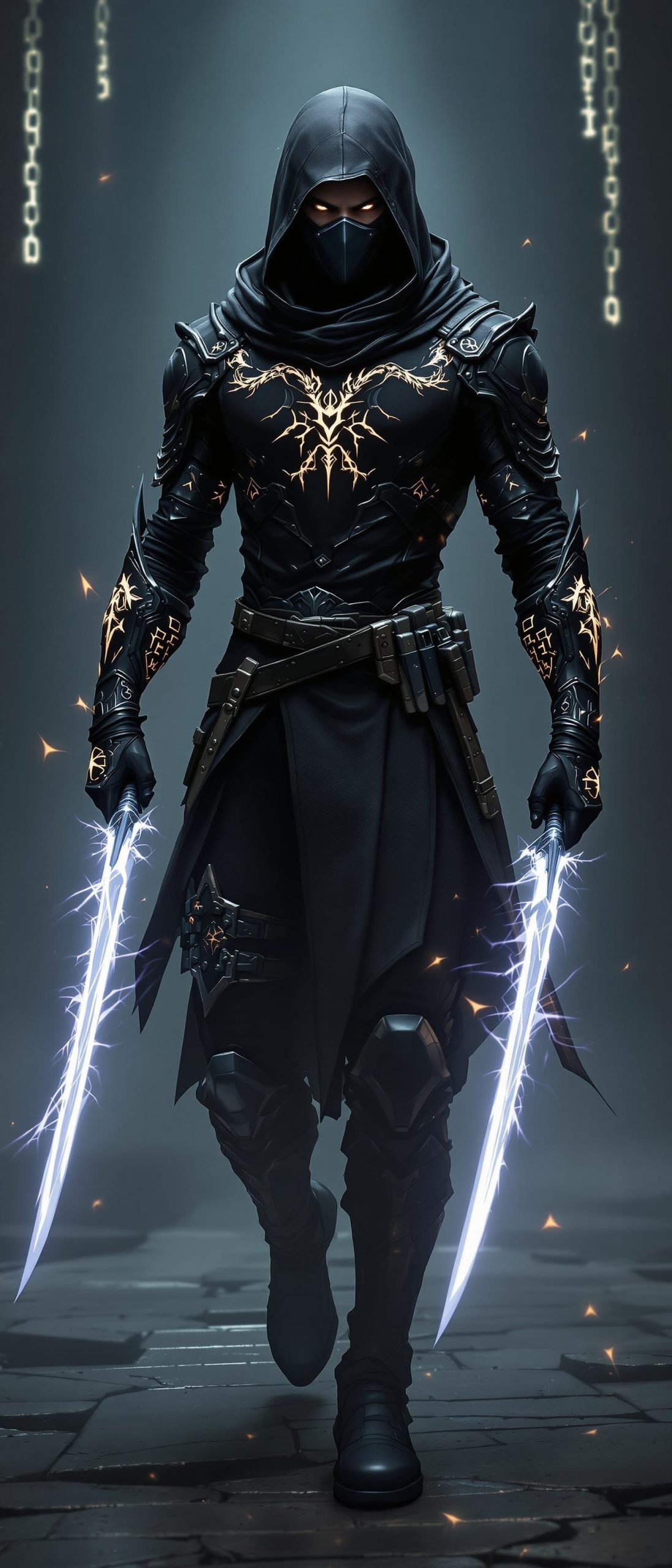Dark Hooded Warrior with Electrified Blades