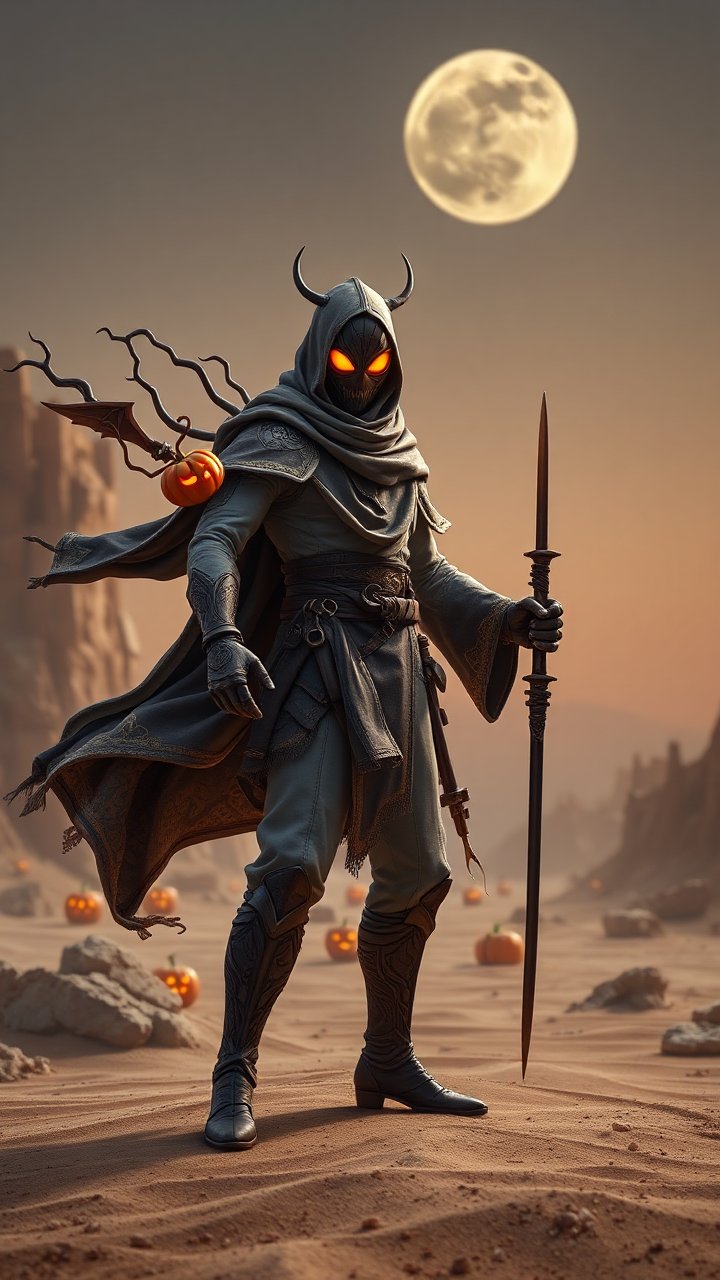 Dark Hooded Warrior with Glowing Eyes and Halloween Pumpkins