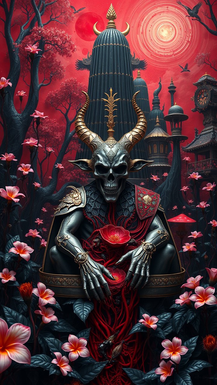 Dark Horned Skeleton Guardian in Enchanted Red Forest