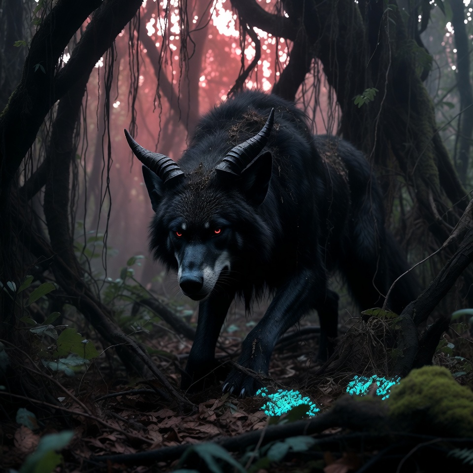 Dark Horned Wolf with Glowing Red Eyes in Enchanted Forest