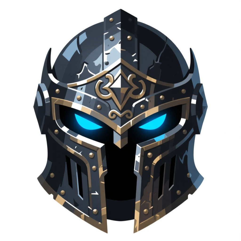 Dark Iron Knight Helmet with Glowing Blue Eyes