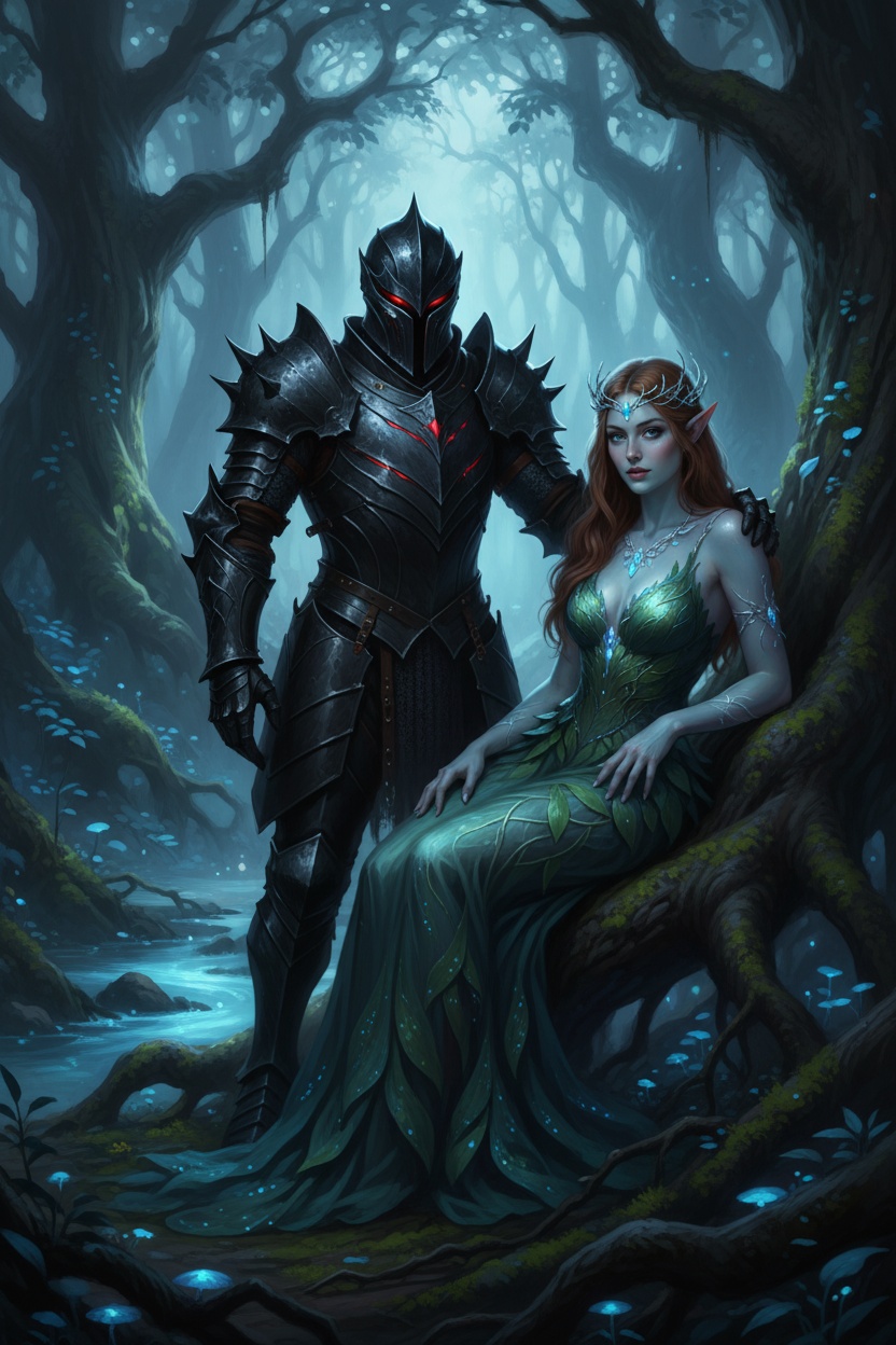 Dark Knight and Elven Queen in Enchanted Forest