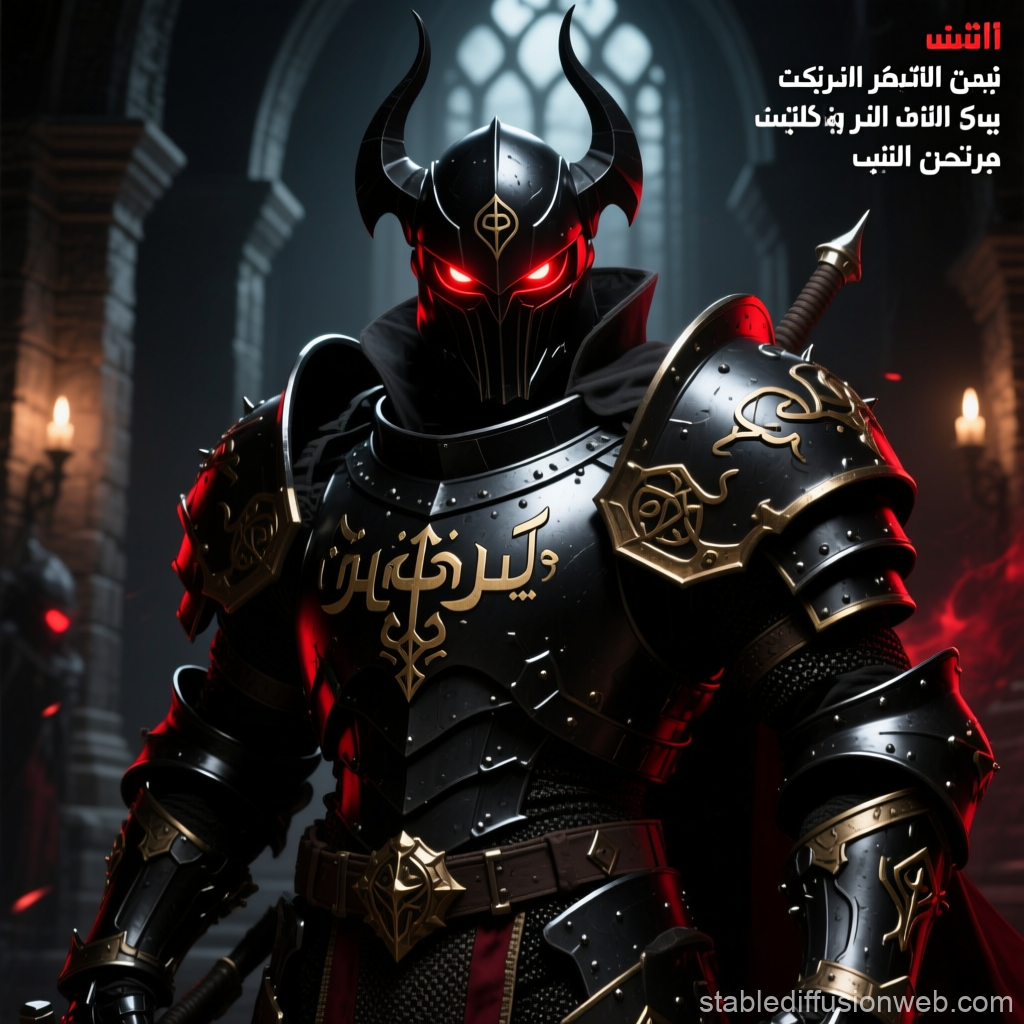 Dark Knight in Ornate Black Armor with Glowing Red Eyes