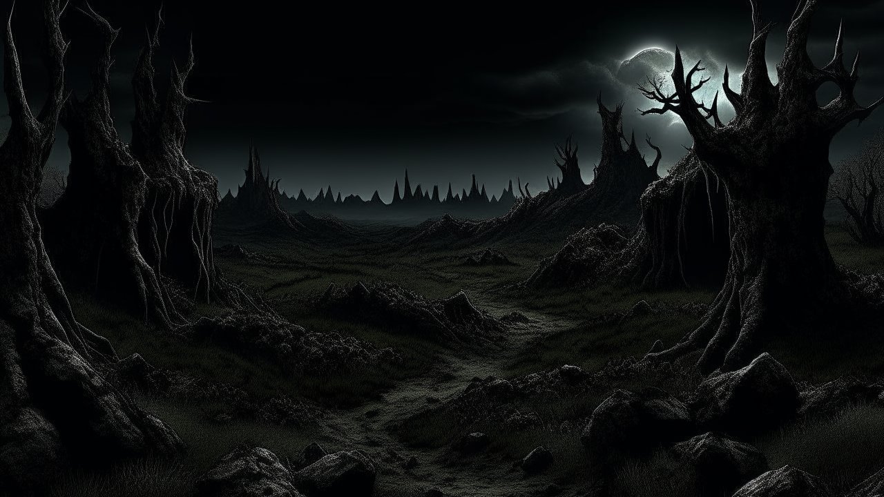 Dark Macabre Landscape Under Moonlight